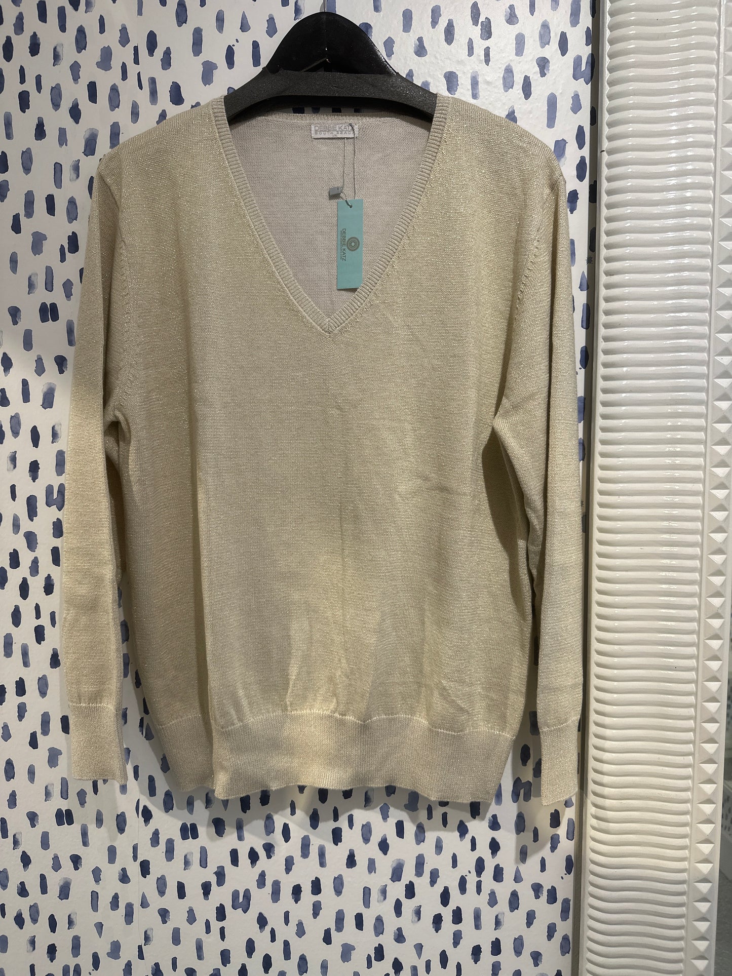 V Neck Cotton Cashmere Mix Sweater Beige Lurex
