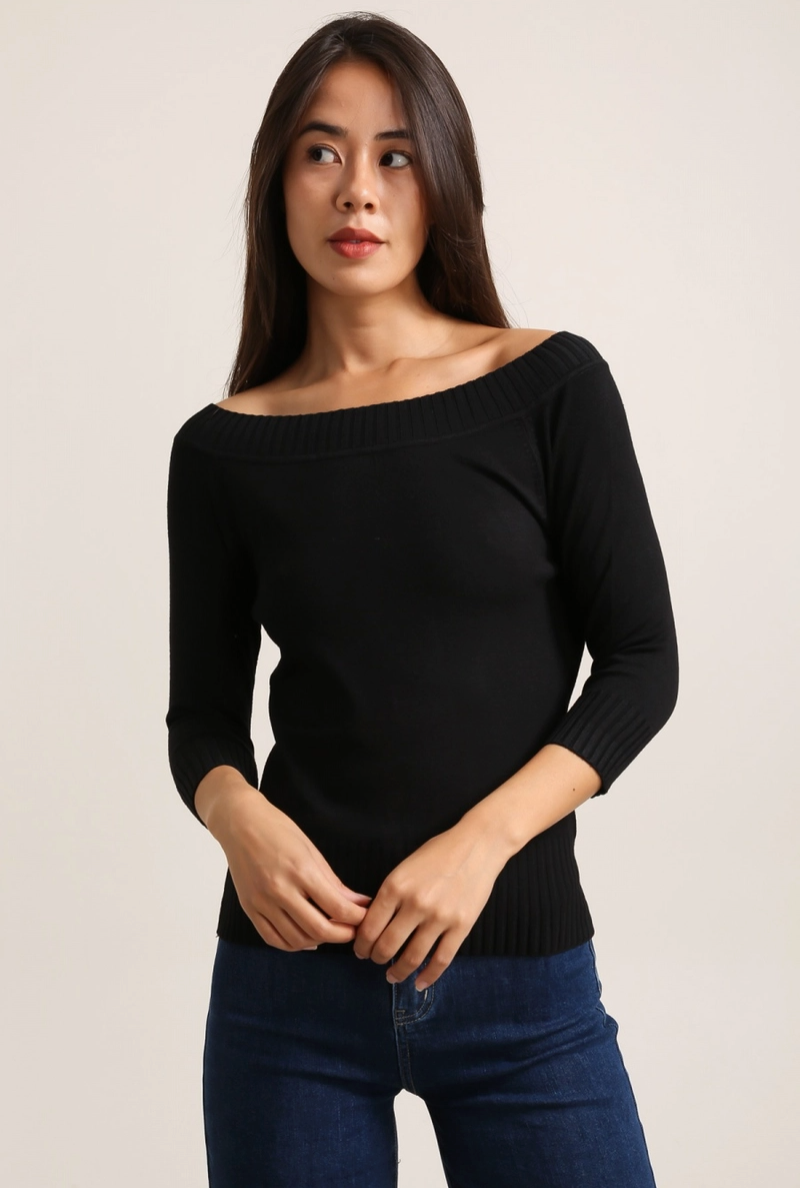 Boat Neck Knit Top in Black