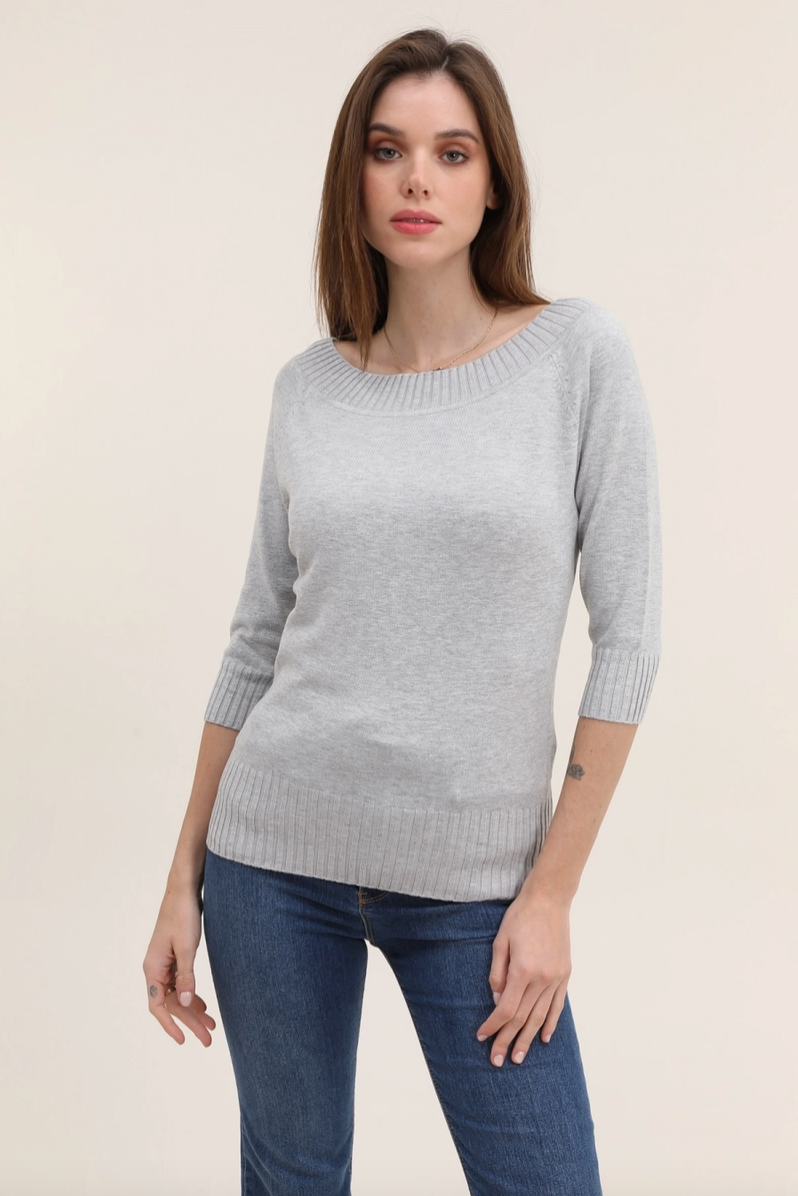 Boat Neck Knit Top in Grey