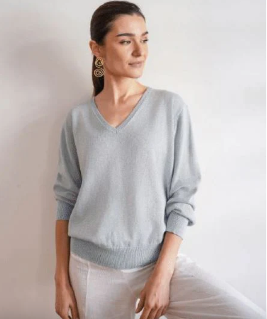 V Neck Cotton Cashmere Mix Sweater Sky Lurex