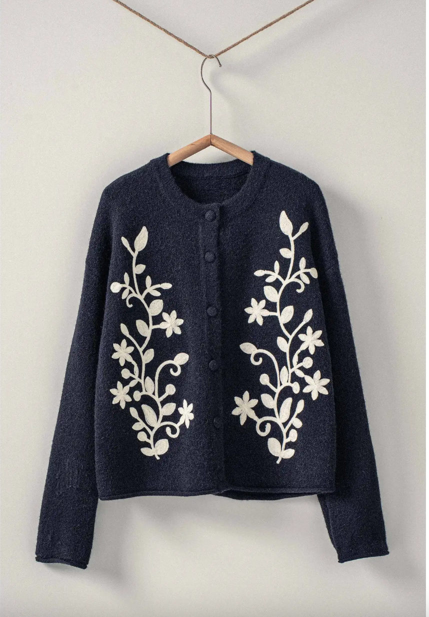 Embroidered Floral Button Cardigan in Black