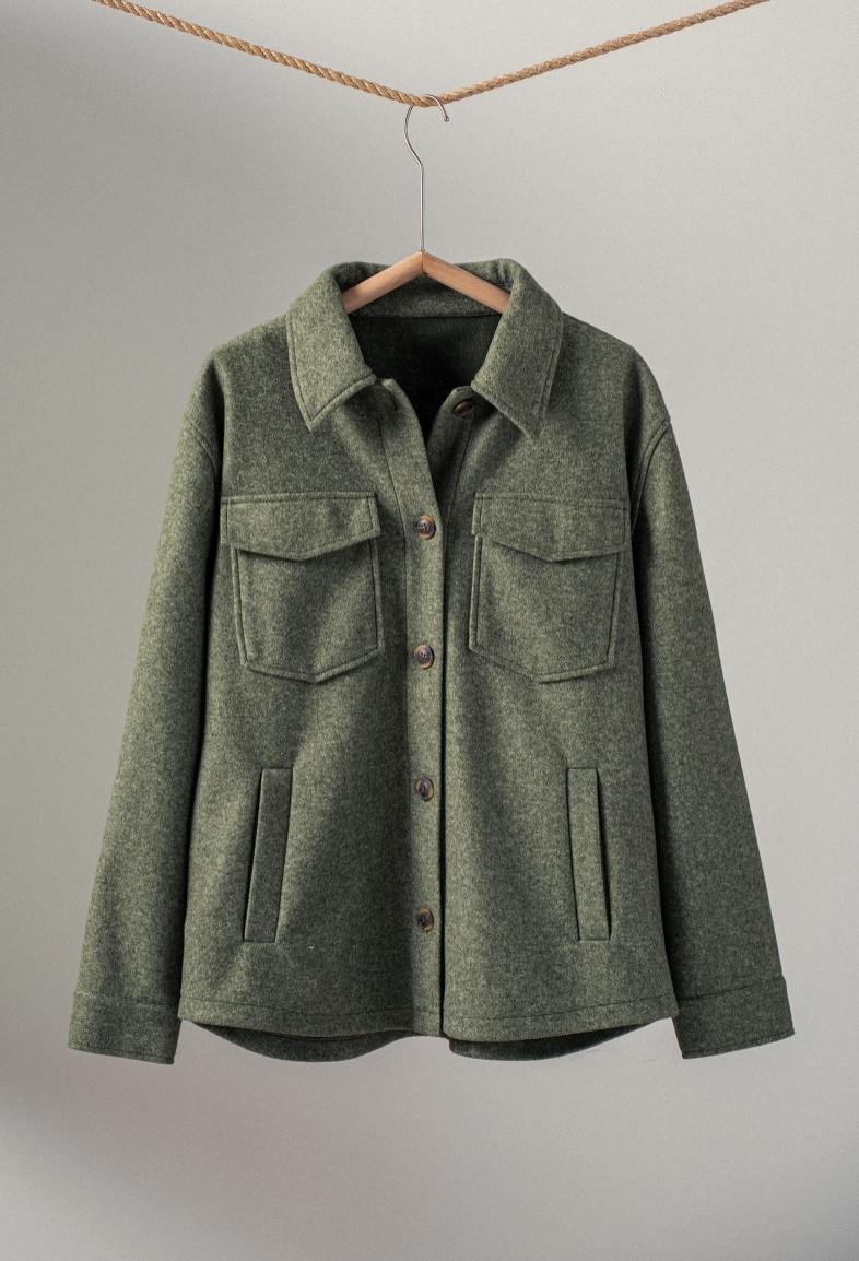 Color Block Wool Blend Shacket in Olive