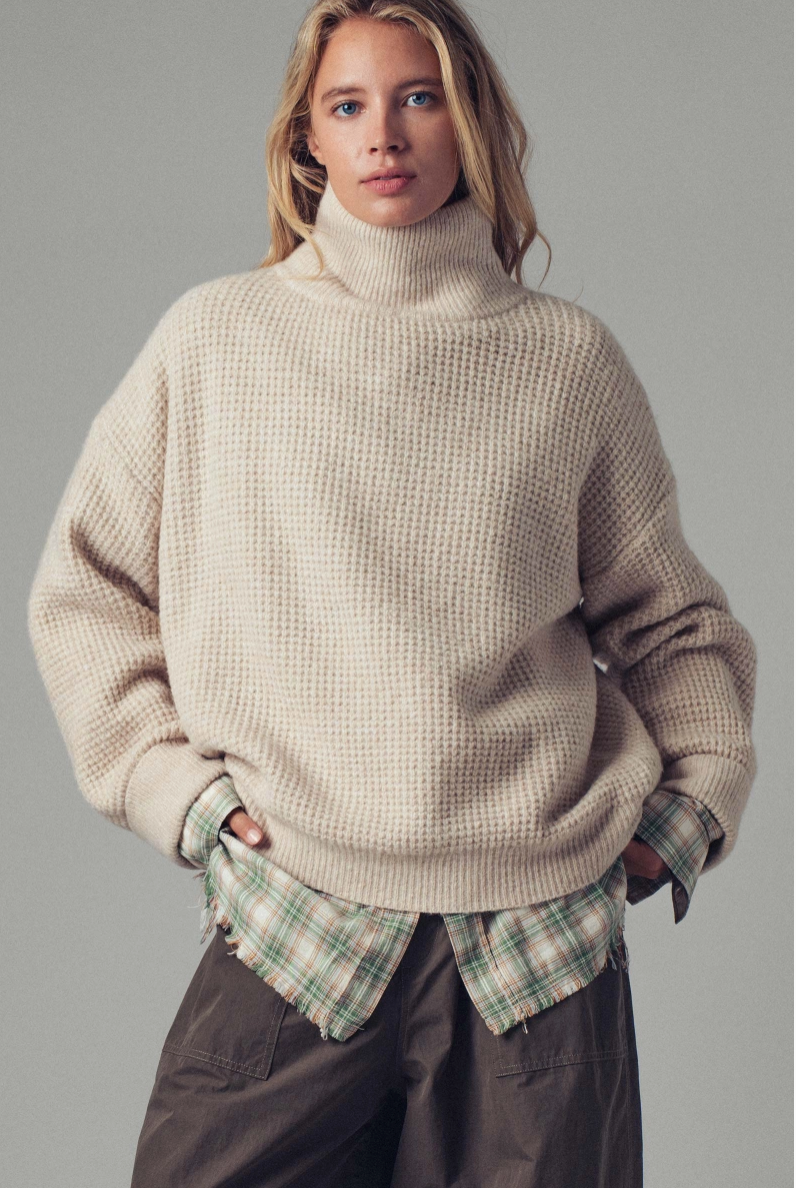 Oversized Waffle Knit High Neck Sweater