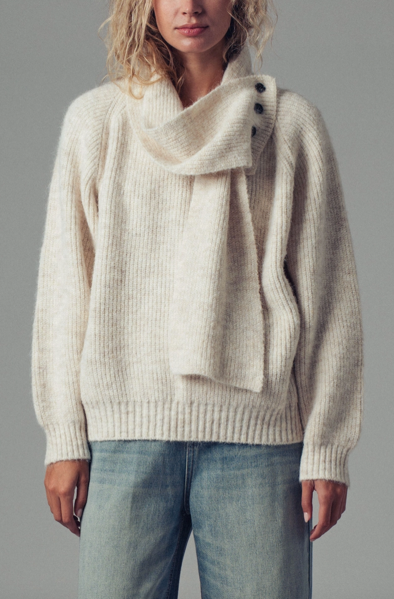 Ribbed Knit Sweater with Detachable Scarf (Grey or Cream)