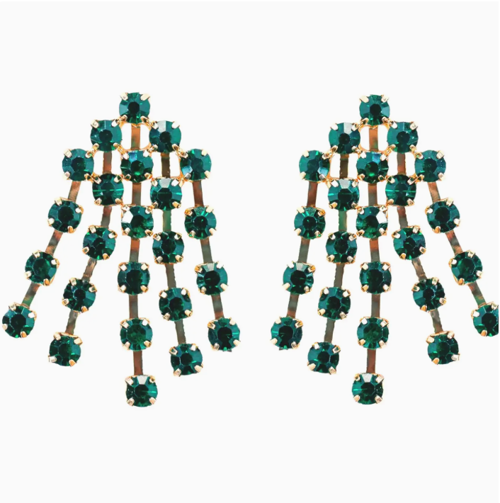 Green Rhinestone Tassel Earrings