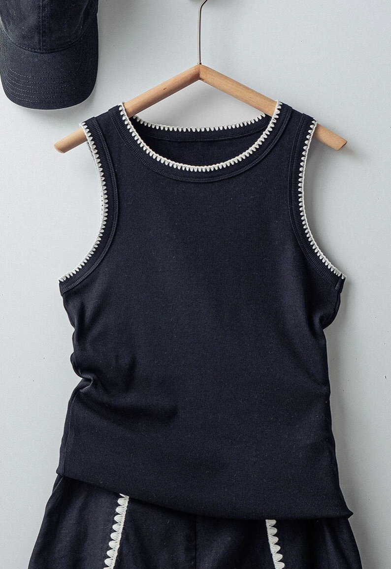 Contrast Trim Ribbed Tank in Black