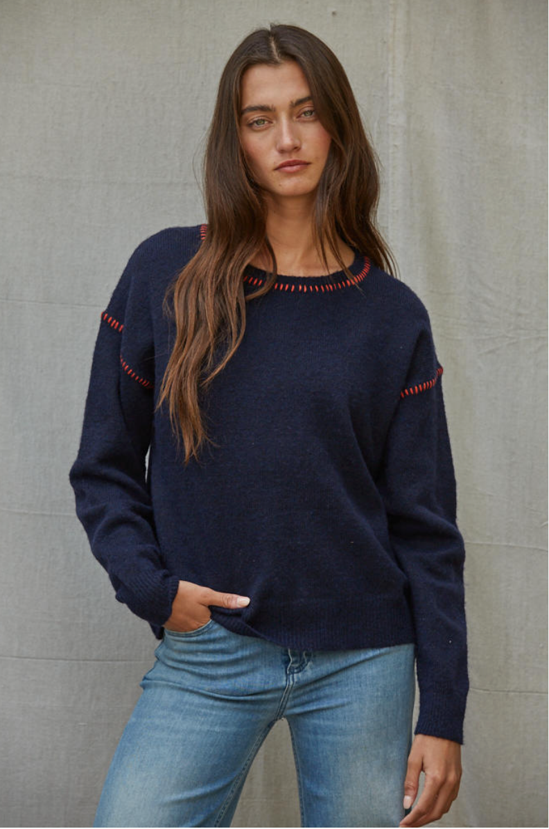 Contrast Stitch Crew Neck Sweater in Navy