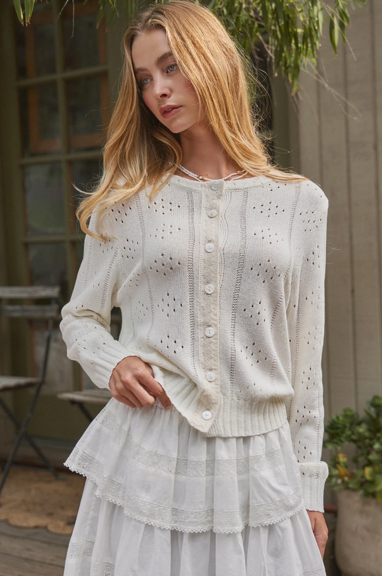Pointelle Cardigan Sweater in Ivory