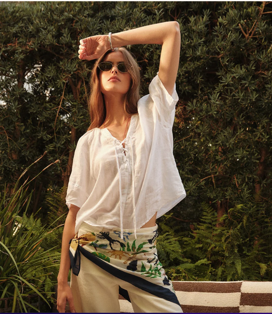 Faeryn Peasant Blouse in White and Navy
