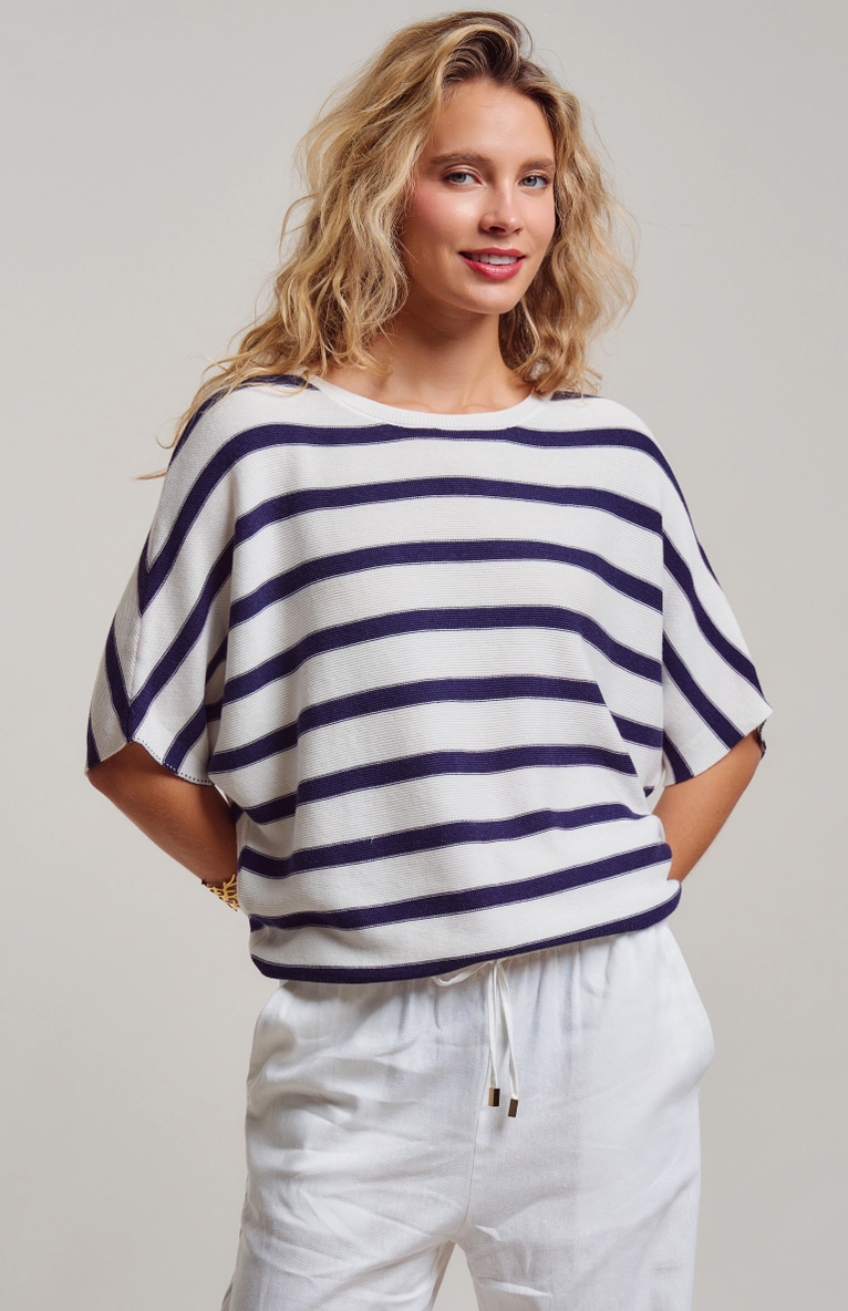 Relaxed Dolman Sleeve Sweater in Navy/White Stripe