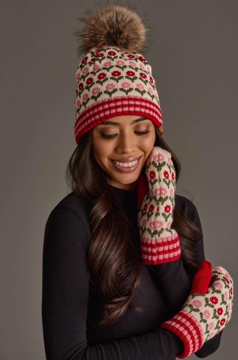 Cream, Red, Pink Floral Pom Hat