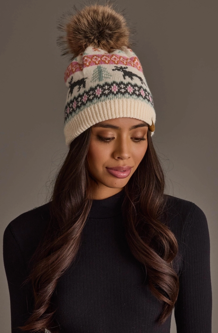 Ivory Deer Winter Pattern Pom Hat