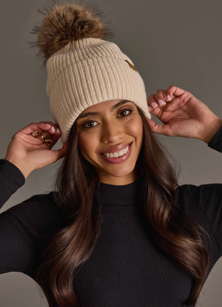 Beige Knit Pom Hat