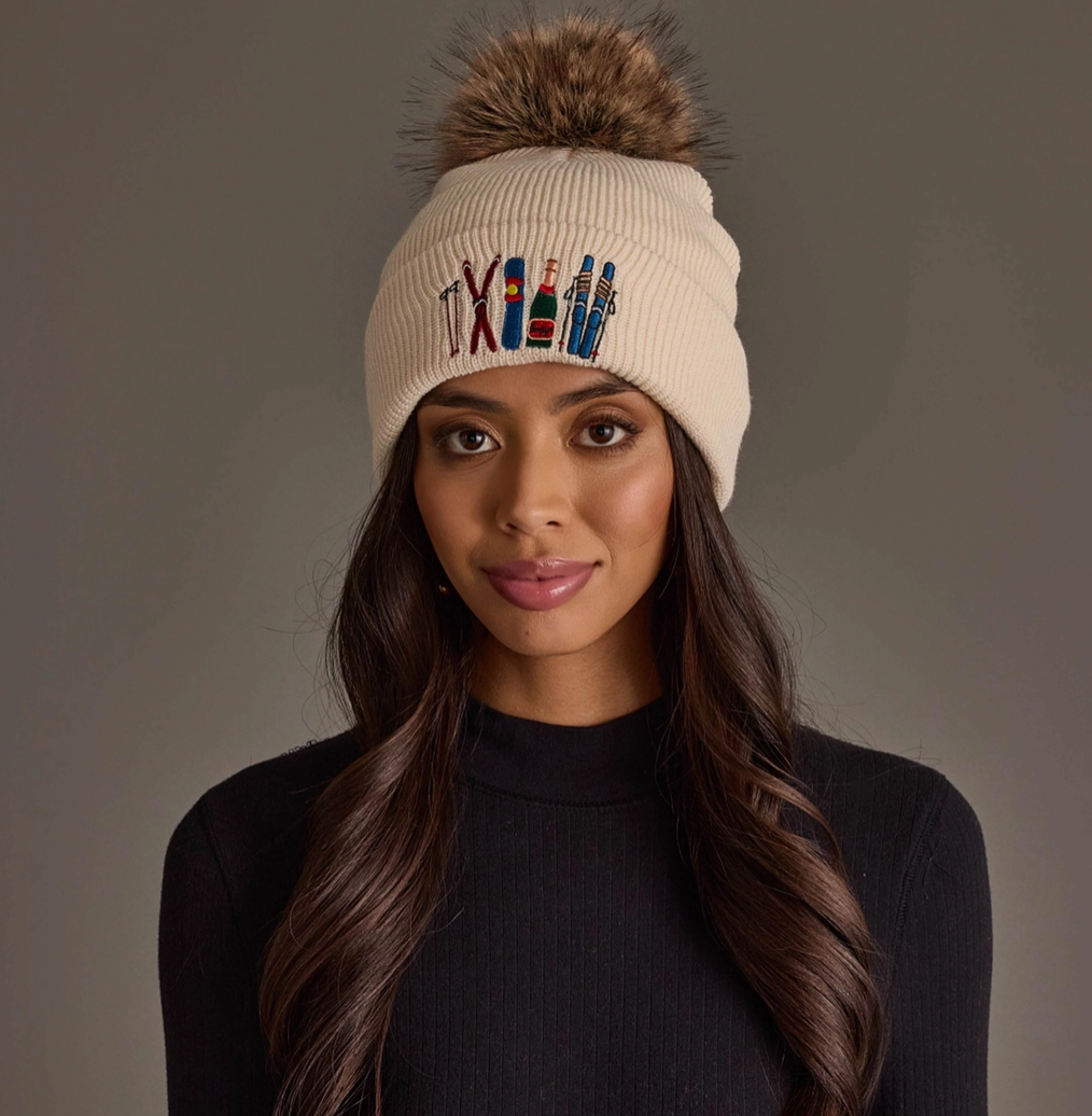 Beige Ski Embroidered Pom Hat