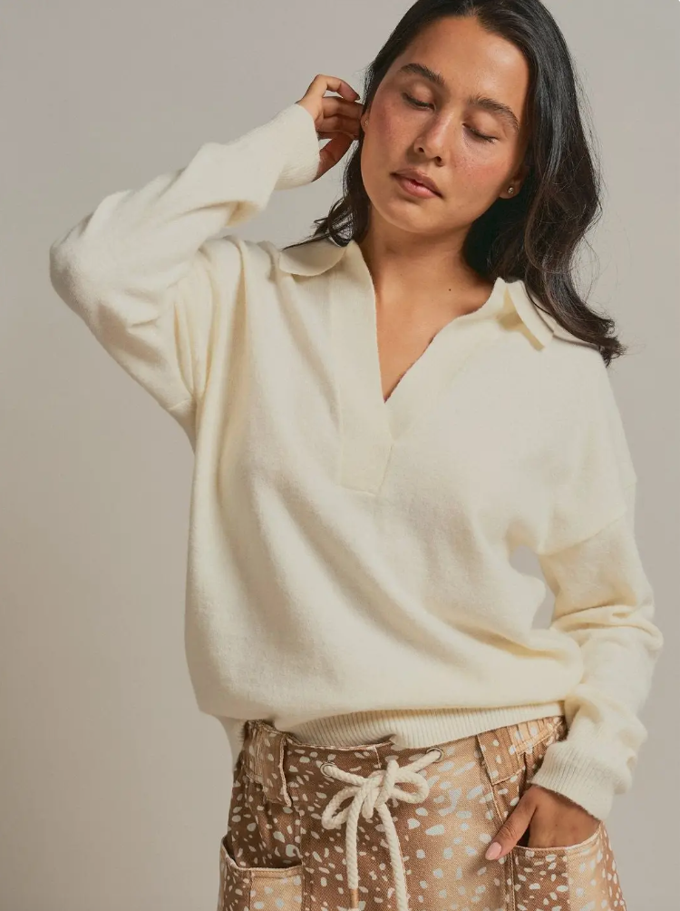 Brushed Johnny Collar Sweater in Cream