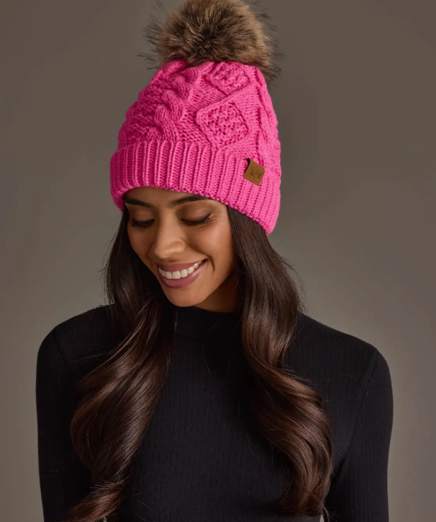 Pink Cable Knit Pom Hat