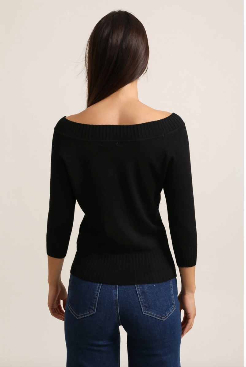 Boat Neck Knit Top in Black