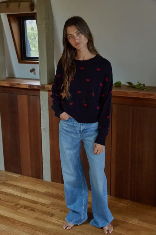Crew Neck Sweater in Navy with Hearts