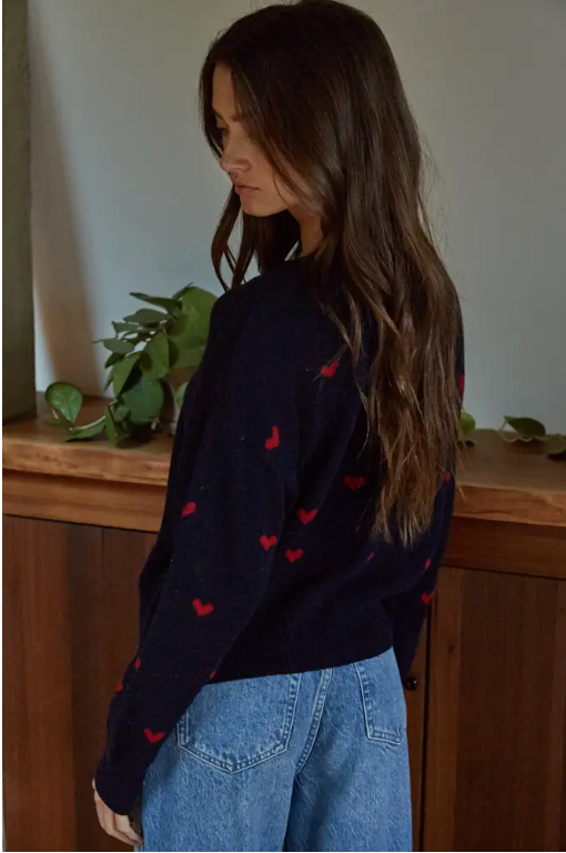 Crew Neck Sweater in Navy with Hearts