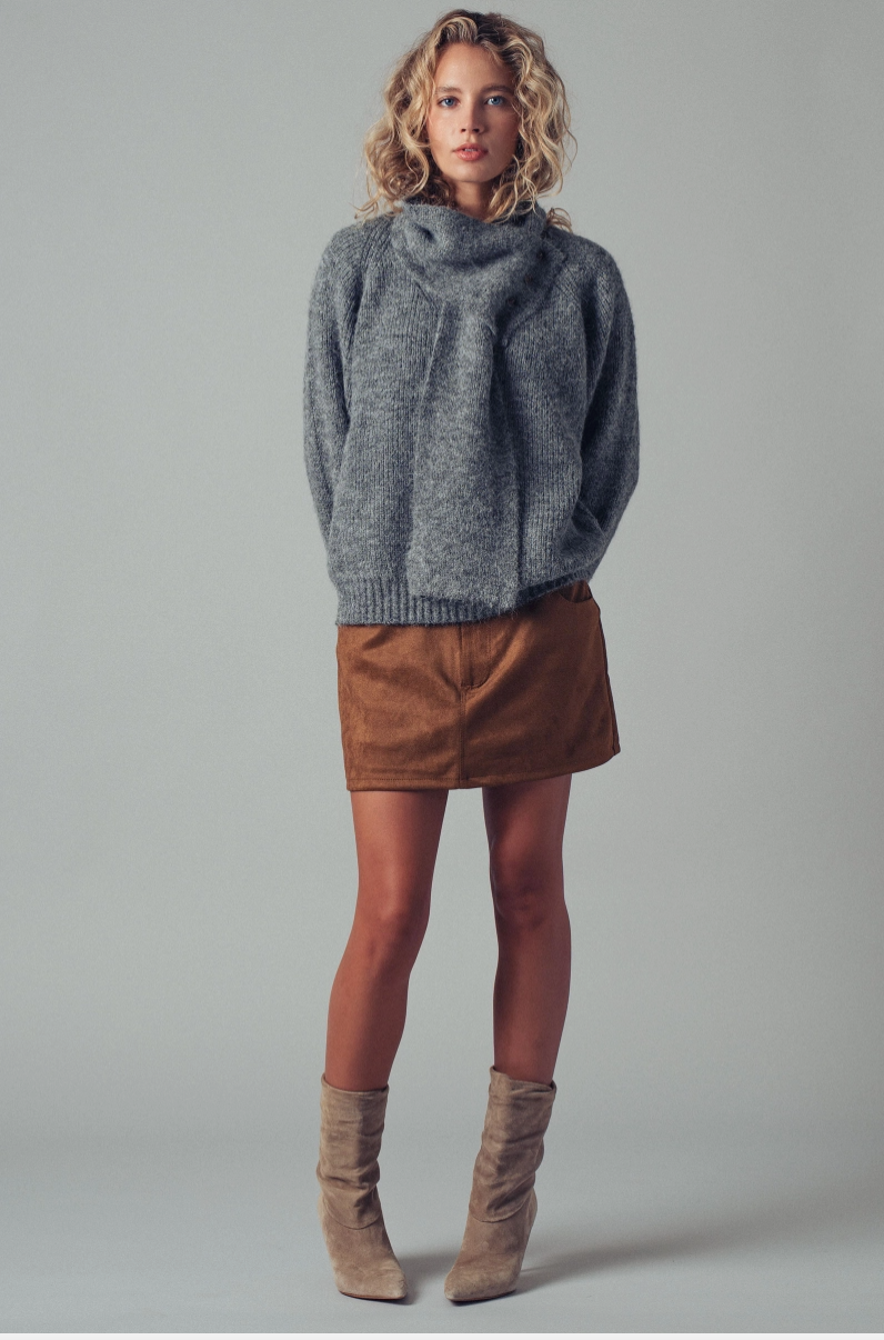 Ribbed Knit Sweater with Detachable Scarf (Grey or Cream)