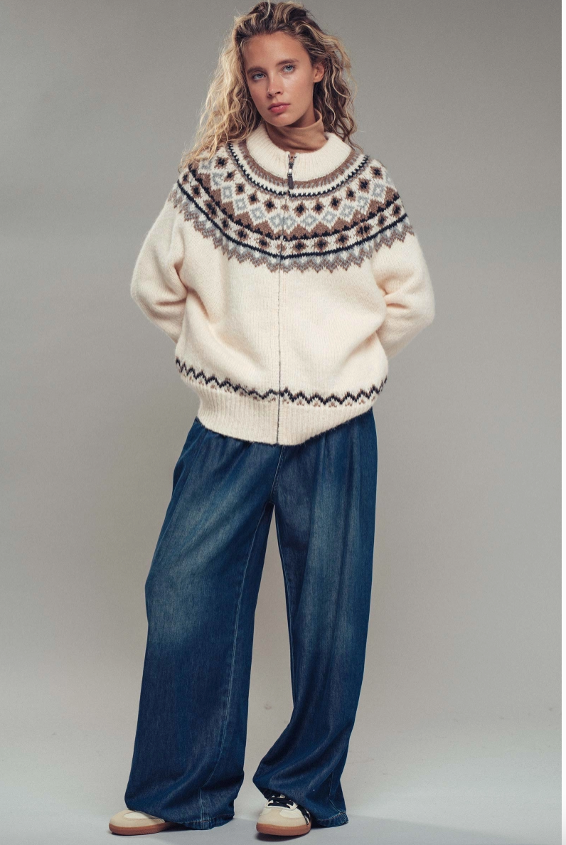 Nordic Zip Up Wool Blend Cardigan