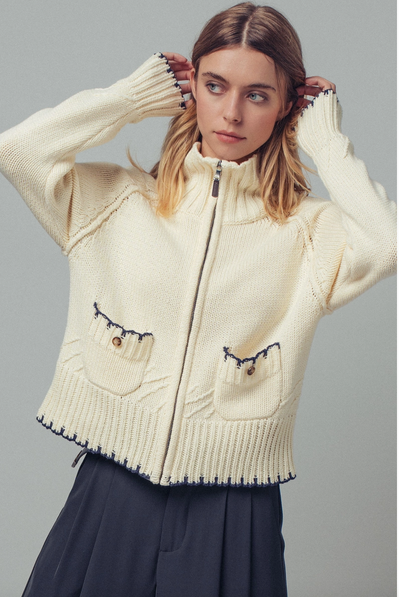 Contrast Trim Zip Sweater in Cream