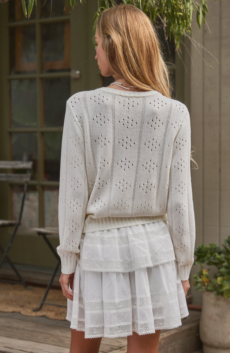 Pointelle Knit Lace Trim Cardigan in Ivory