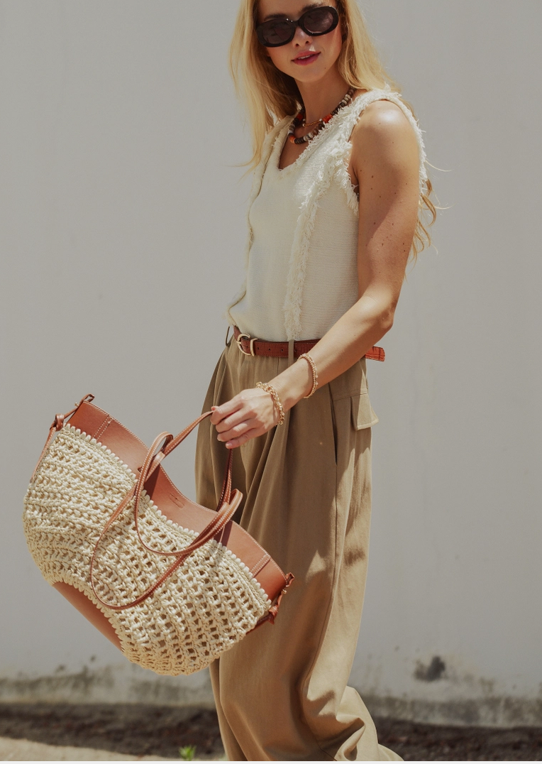 Woven Raffia & Leather Trim Double Strap Tote