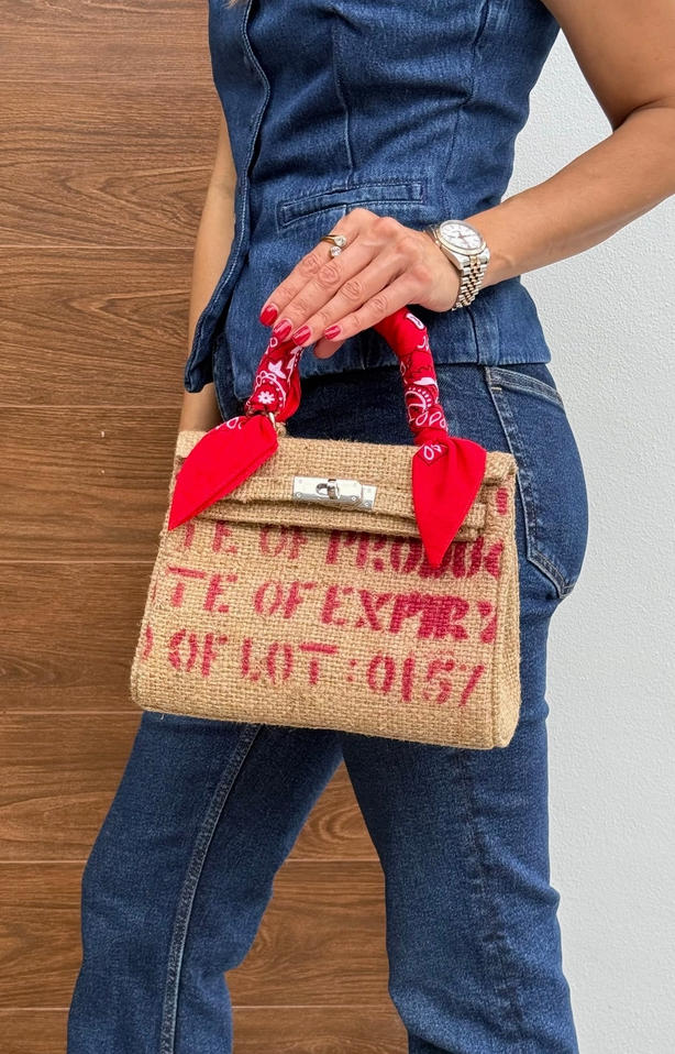 Woven Paris Kamille Coffee Print Jute Mini Tote