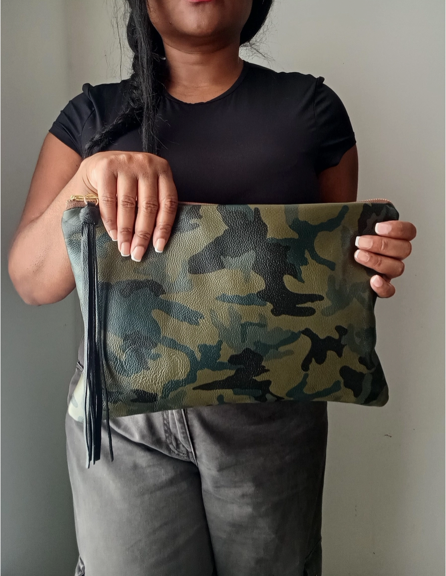 Large Camo Leather Clutch with Long Knotted Tassel
