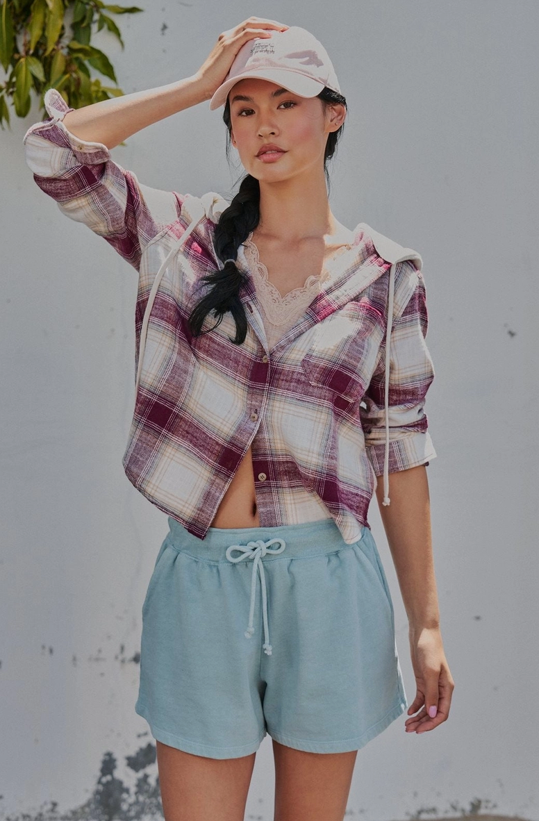 Hooded Plaid Flannel Jacket in Green or Burgundy