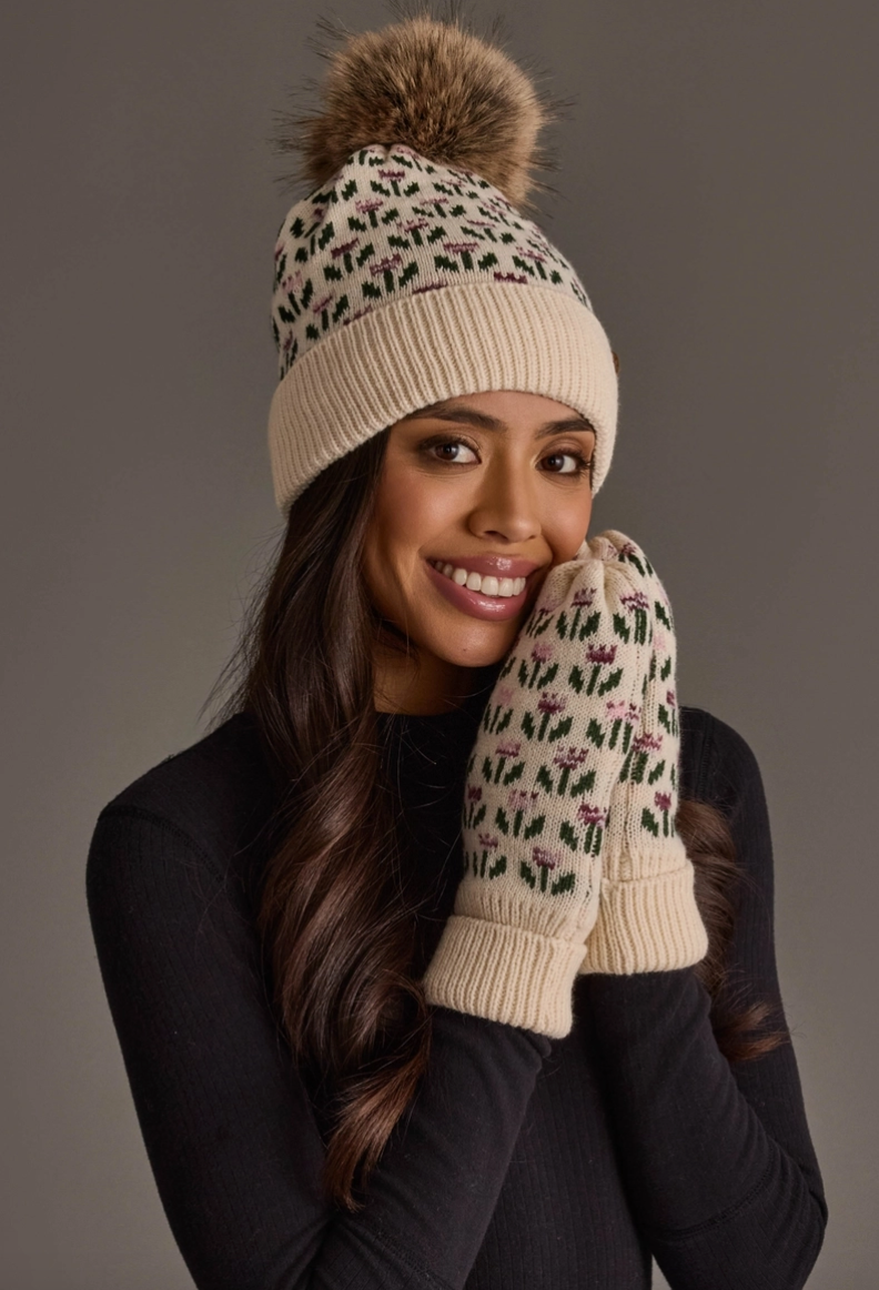 Cream Small Floral Pattern Knit Mittens