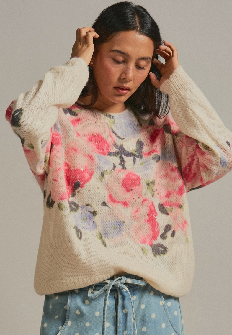 Oversized Floral Print Soft Knit Sweater