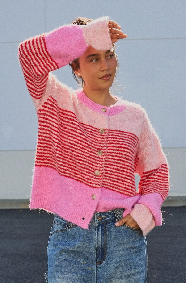 Stripe Fuzzy Cardigan Pink