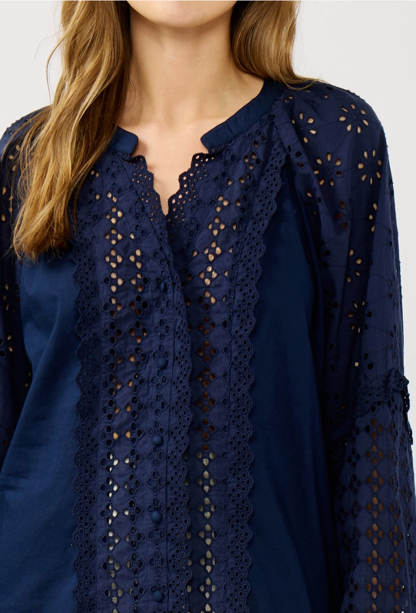 Eyelet Button Down Blouse in Navy
