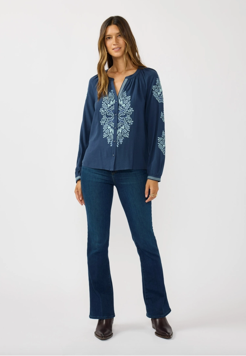 Embroidered Raglan Sleeve Top in Navy
