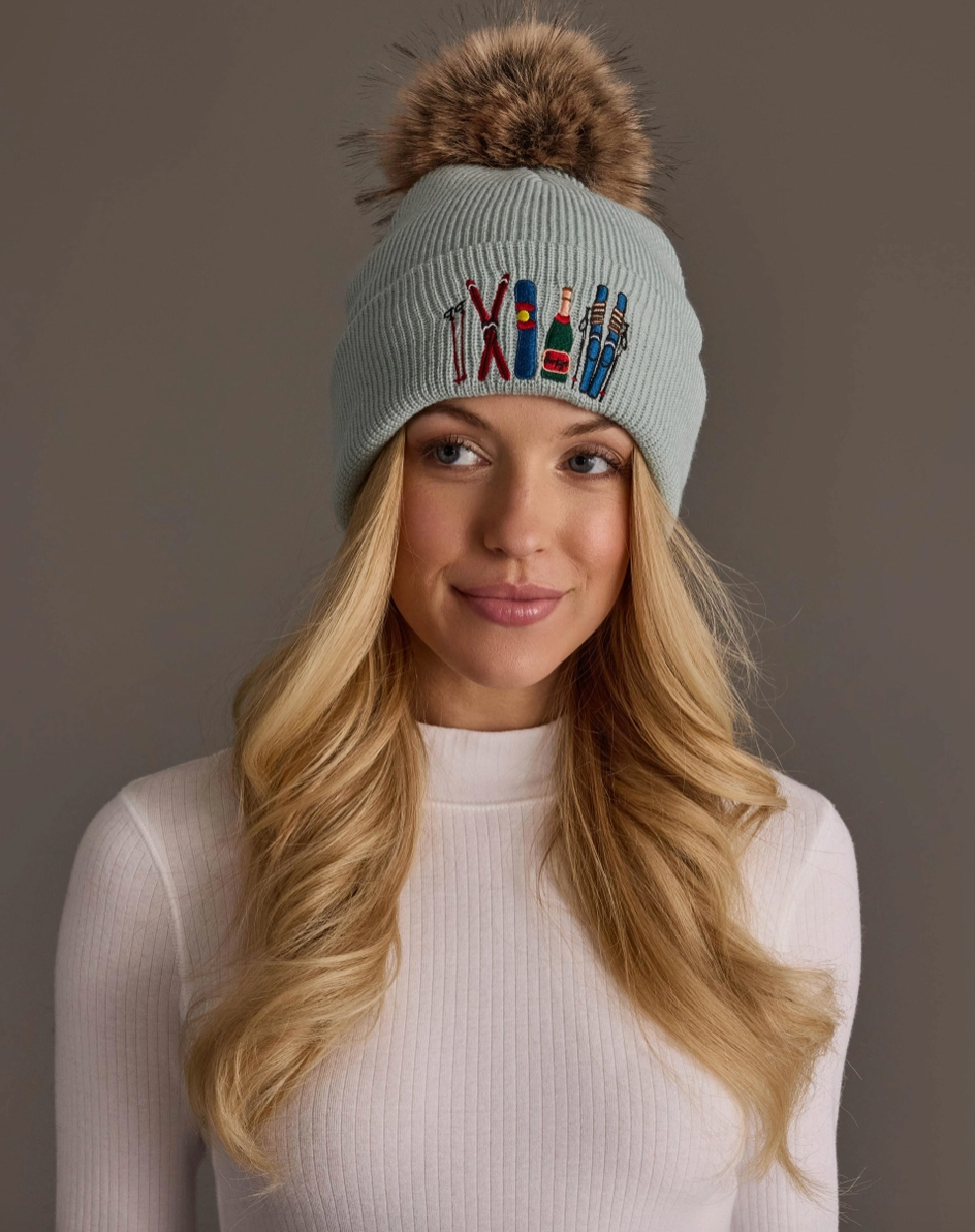 Ski Embroidered Pom Hat in Beige or Sky Blue