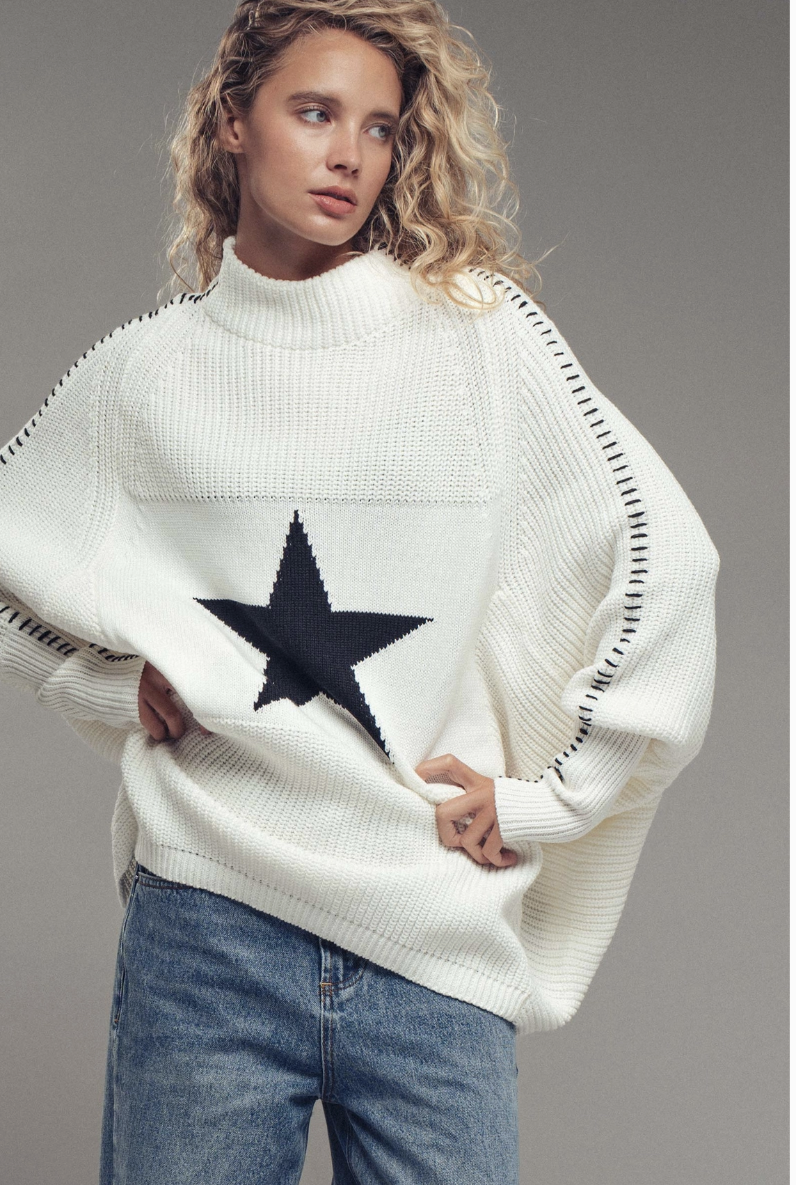 Over Sized Knit Sweater Top with Star (black or white)