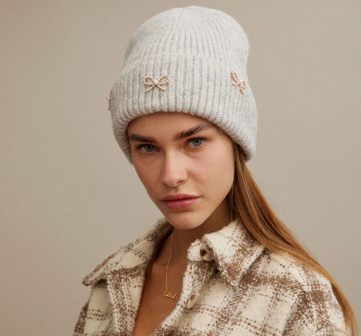 Knit Beanie with Pearl Bow Charms