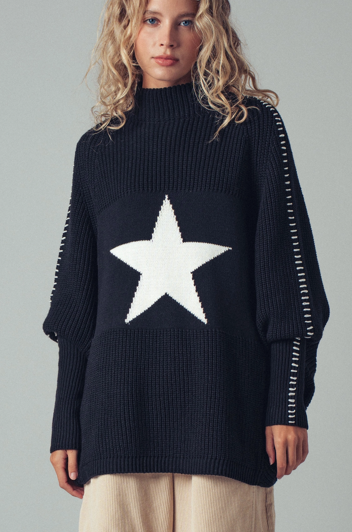 Over Sized Knit Sweater Top with Star (black or white)