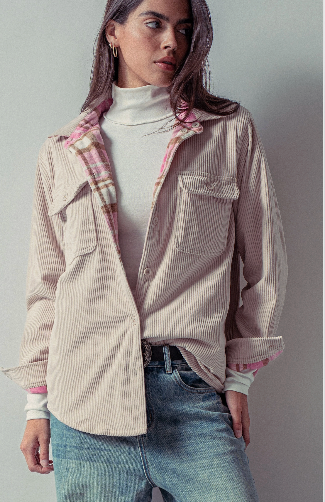 Corduroy Shacket with Pink Plaid Lining