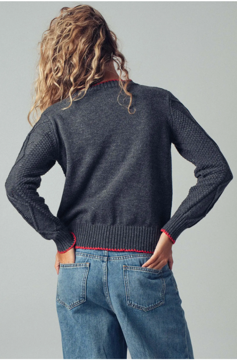 Floral Embroidered Red Trim Cardigan in Grey