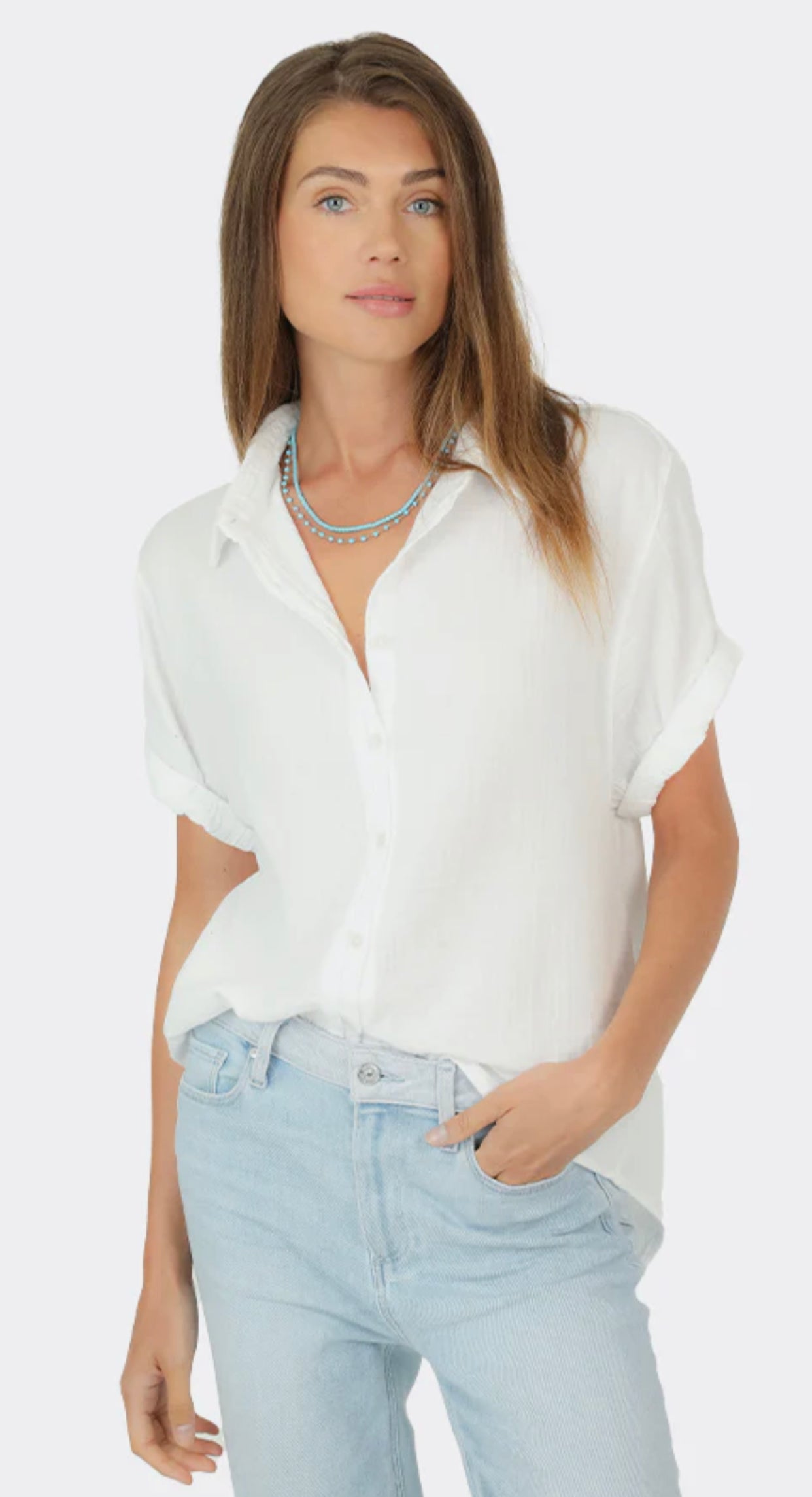 Dylan Gauze SS Button Up in White