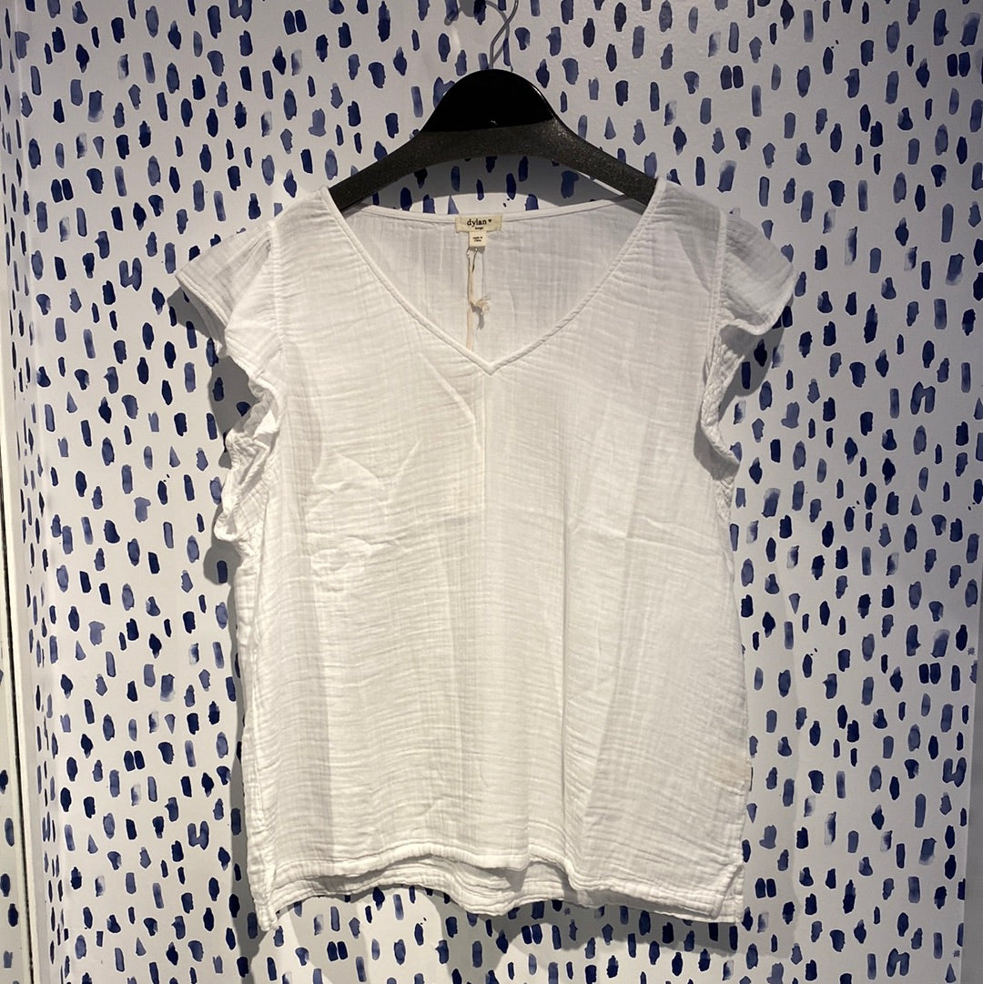 Dylan Gauze Ruffle V Neck in White