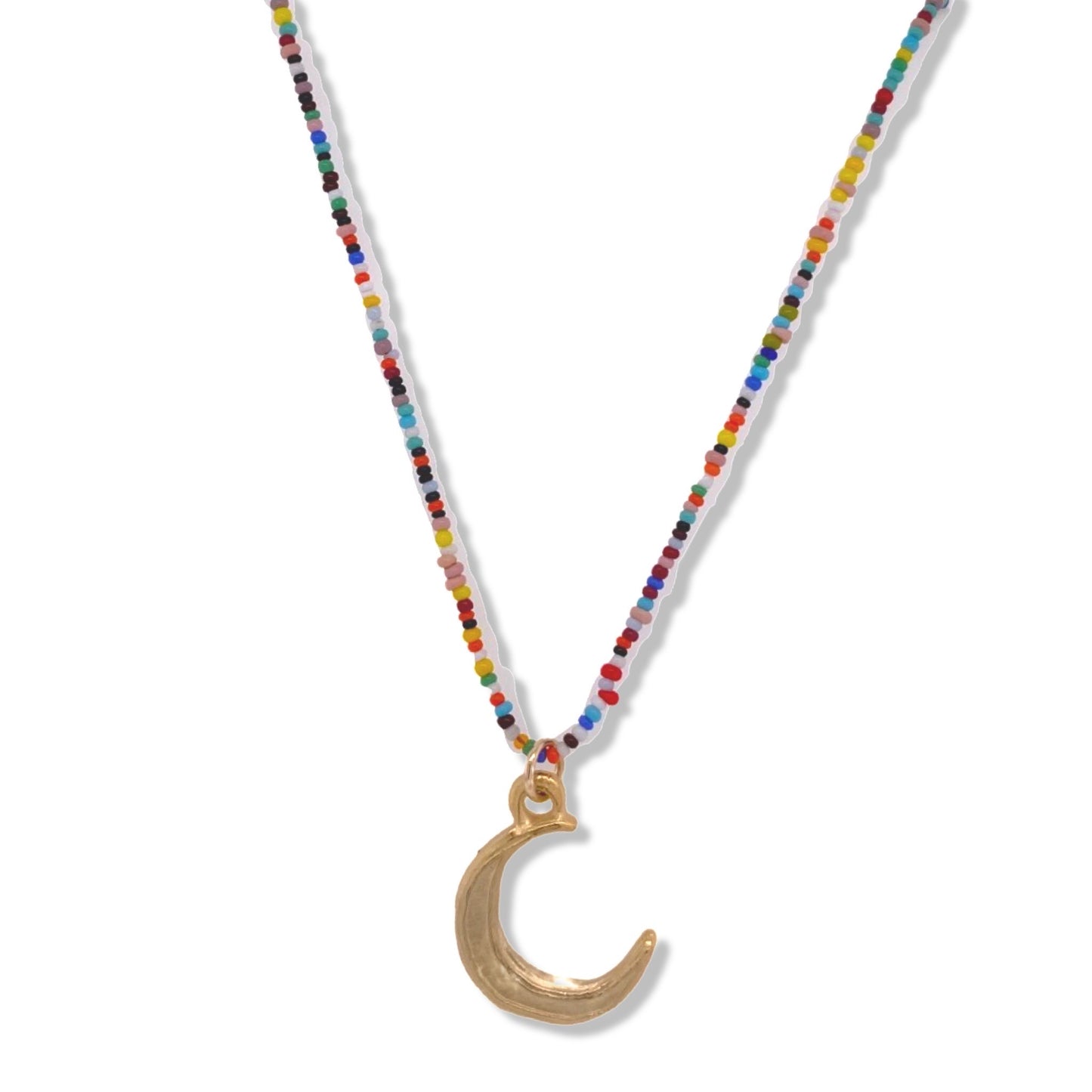 Large Moon Charm Necklace in Gold On Multi Color Beads | Nalu | Nantucket