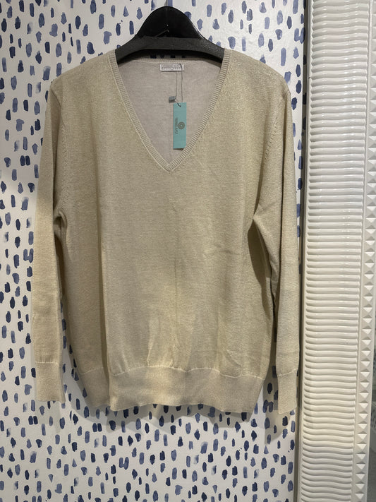 V Neck Cotton Cashmere Mix Sweater Beige Lurex