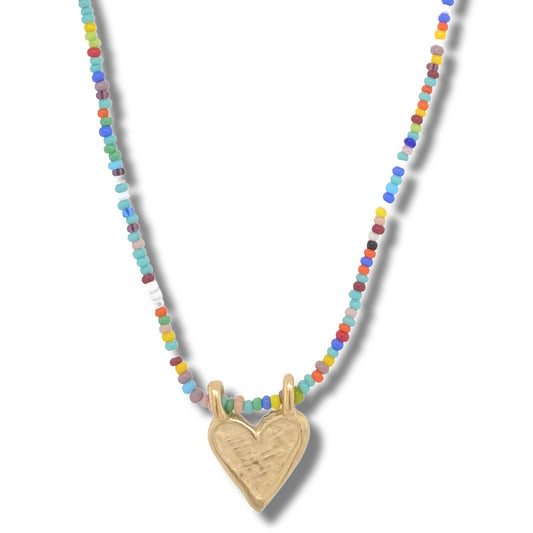 217NLGMC - Mini Heart Gold Charm Necklace on Multi Color Beads