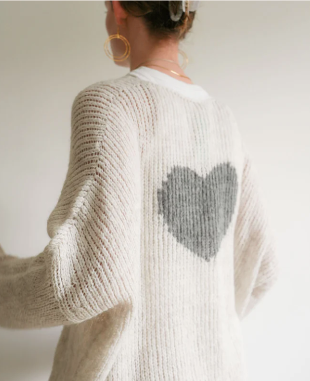 Debbie Katz Lula V Fine Knit Sweater Off White with grey Heart