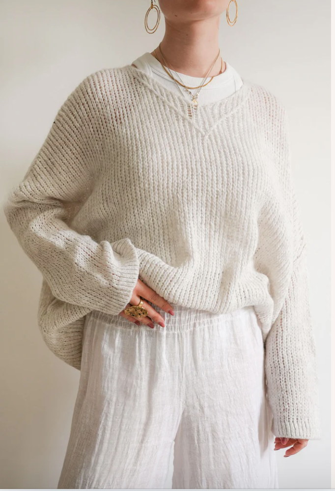 Debbie Katz Lula V Fine Knit Sweater Off White with grey Heart