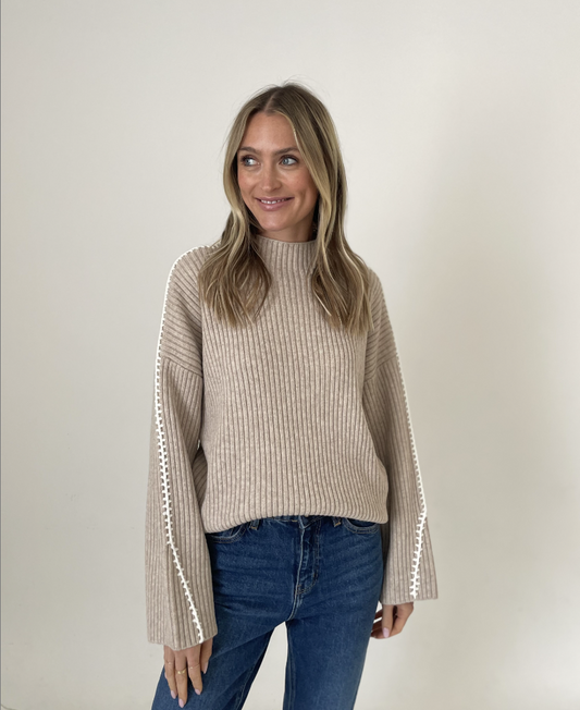 Mock Neck Contrast Stitch Sweater